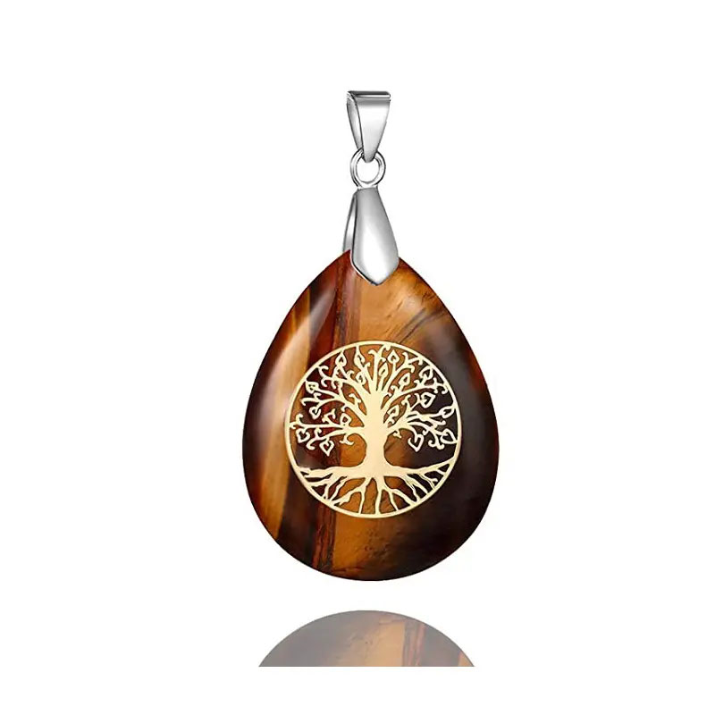 Tree of Life Pendant with Chain Natural Stone Tiger Eye